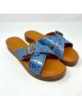 Nib Bella Vita Con-Italy Platform Leather Slide Denim Croc Sandal